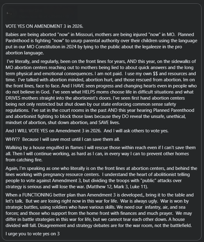 Screenshot of 'Vote Yes on Amendment 3 in 2026' post