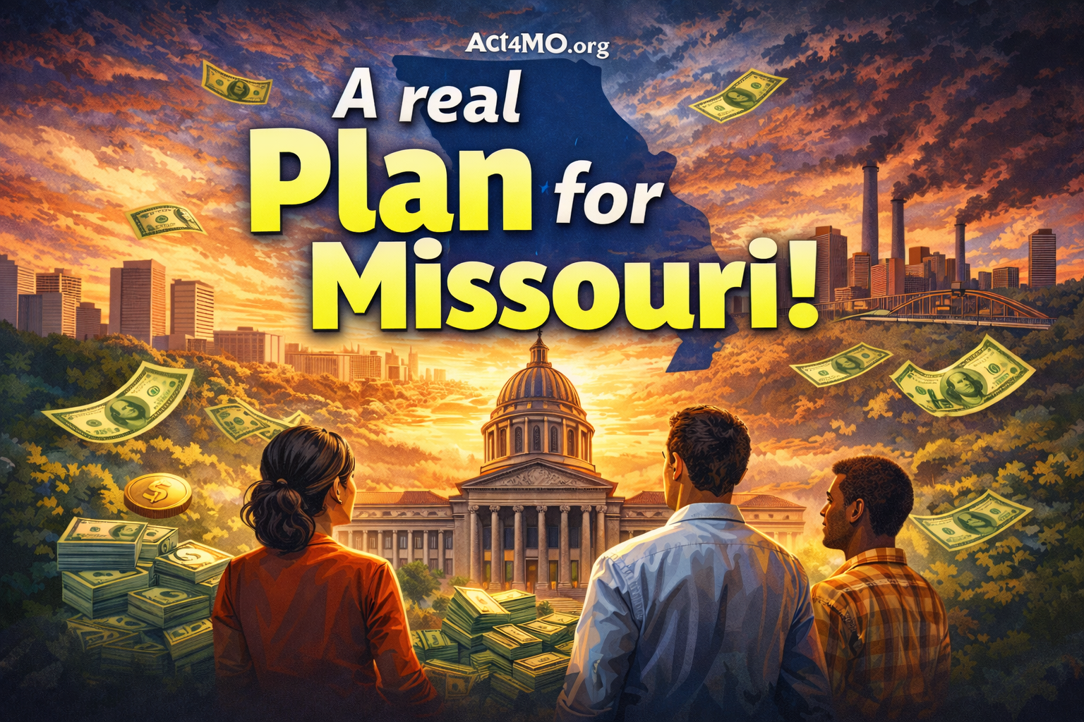 Missouri State Capitol with budget charts overlay